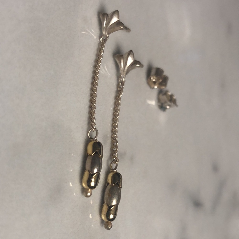 Vintage sterling silver fleur de lis chain drop stud earrings